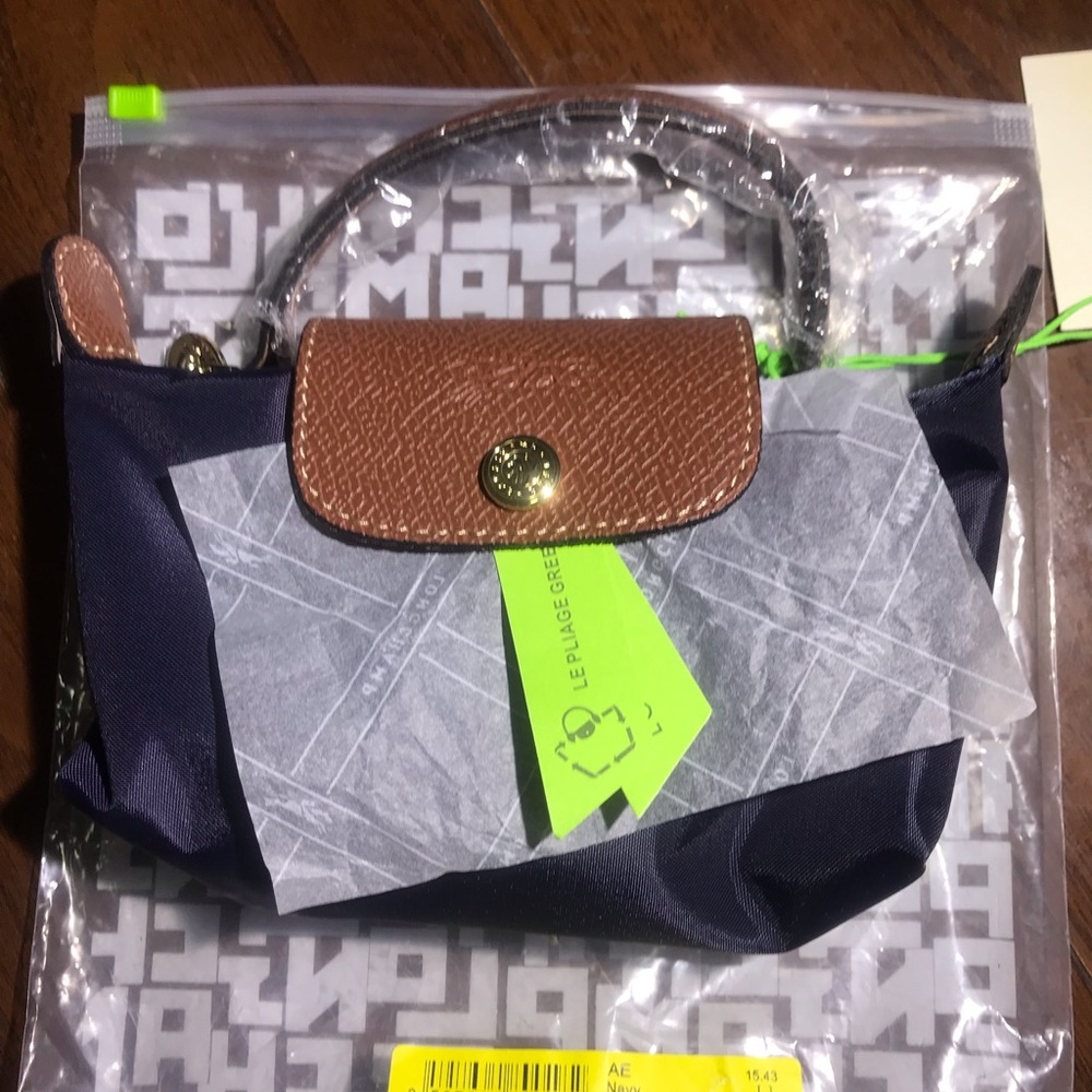 Longchamp Navy Mini Tote with Brown Leather Flap and Gold Button